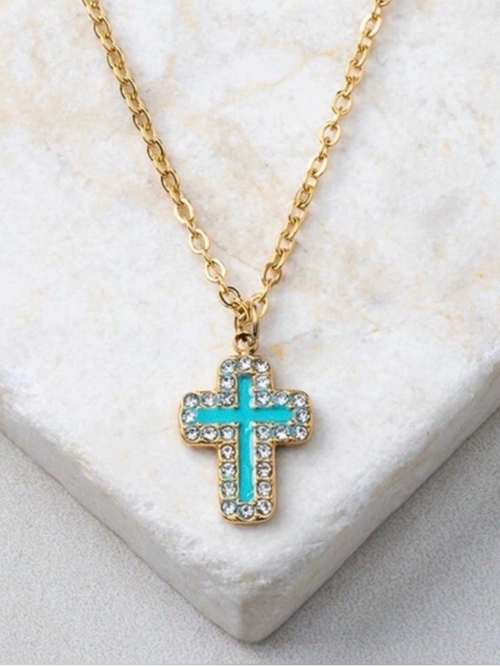 Plunder Design Gold-Tone Cross Necklace with Turquoise Accents